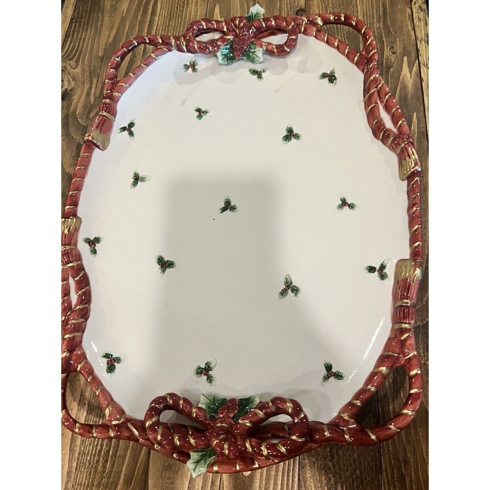 Fitz & Floyd Santa Christmas Oval Platter vintage 1988 red holly classic plate